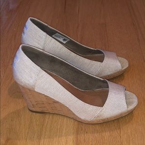 TOMS Beige Peep Toe Cork Wedge Heels